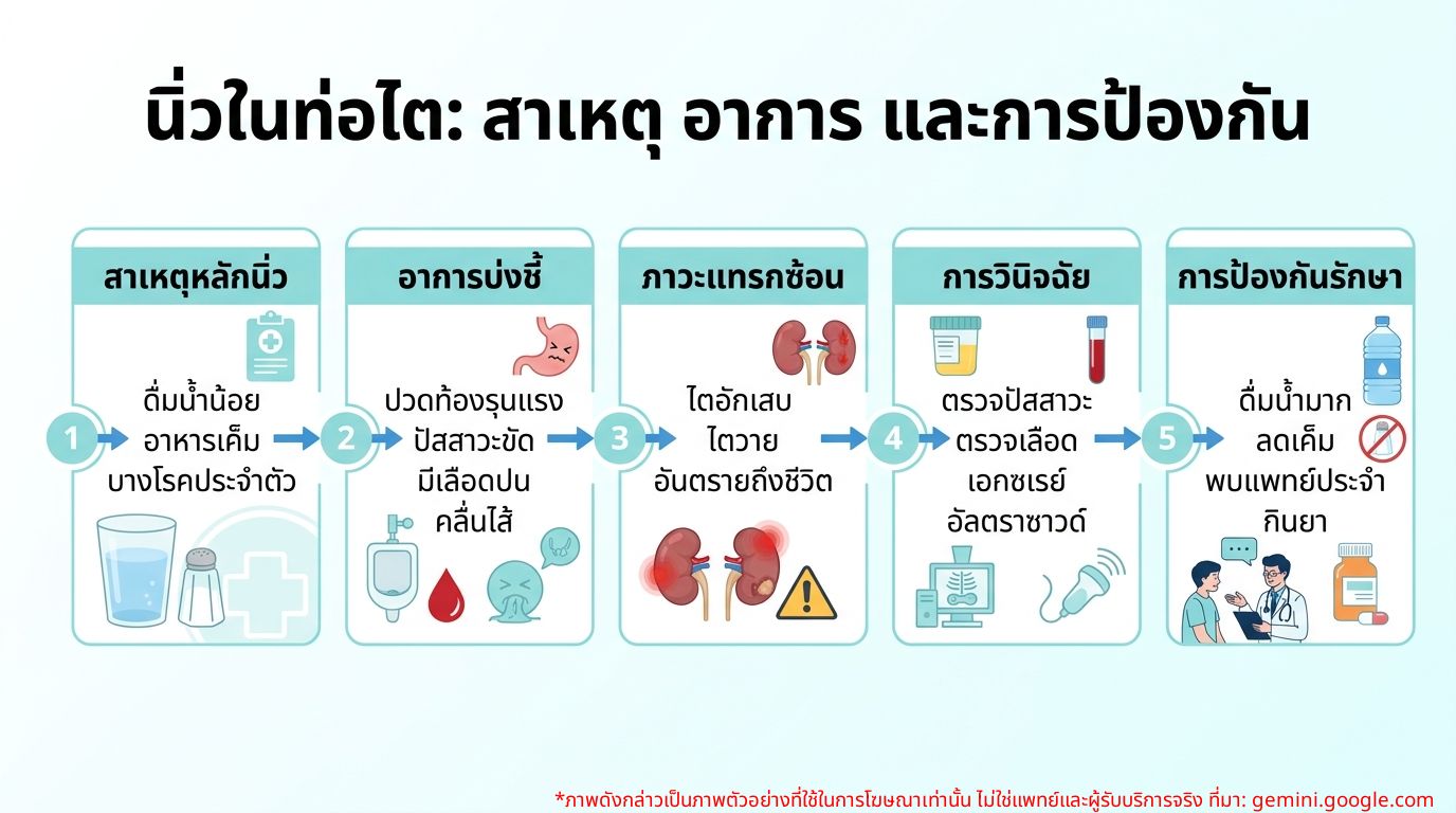 อินโฟกราฟิกแสดงสาเหตุ อาการ และการป้องกันนิ่วในท่อไต