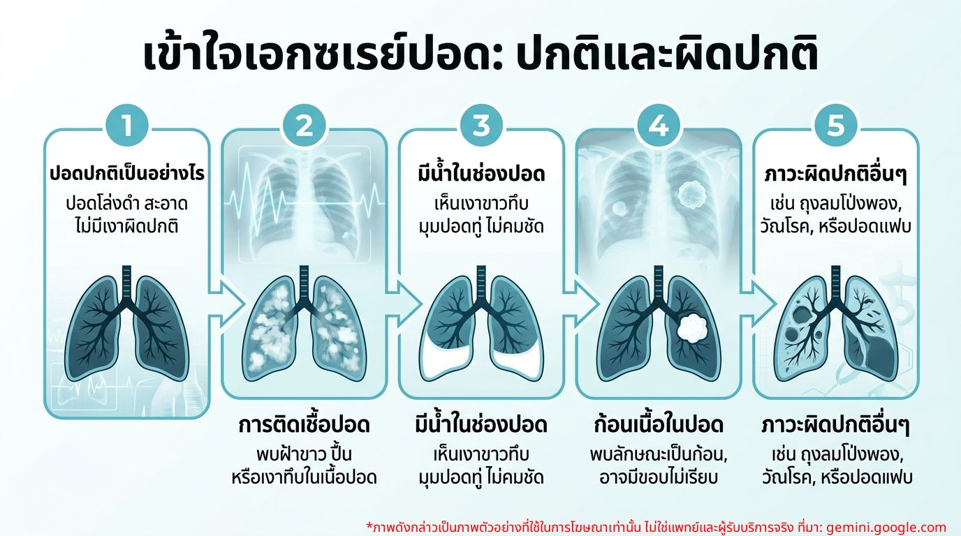 อินโฟกราฟิกแสดงลักษณะภาพเอกซเรย์ปอดปกติและผิดปกติ