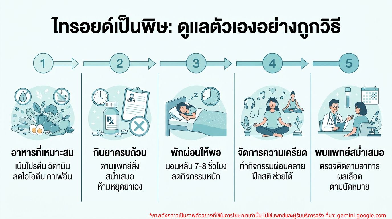 อินโฟกราฟิกการดูแลตัวเองสำหรับผู้ป่วยไทรอยด์เป็นพิษ