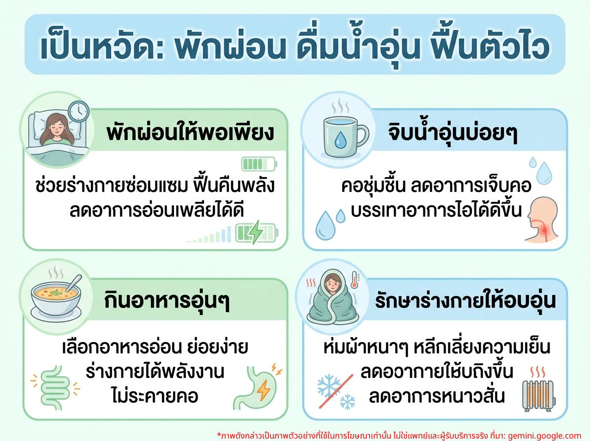ผู้ป่วยเป็นหวัดกำลังพักผ่อนและดื่มน้ำอุ่น