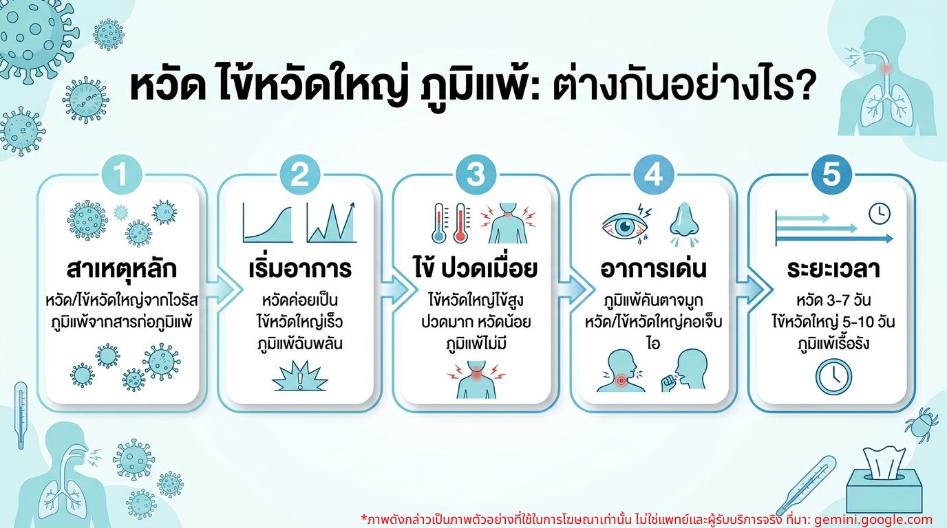 ตารางเปรียบเทียบอาการหวัด ไข้หวัดใหญ่ และภูมิแพ้