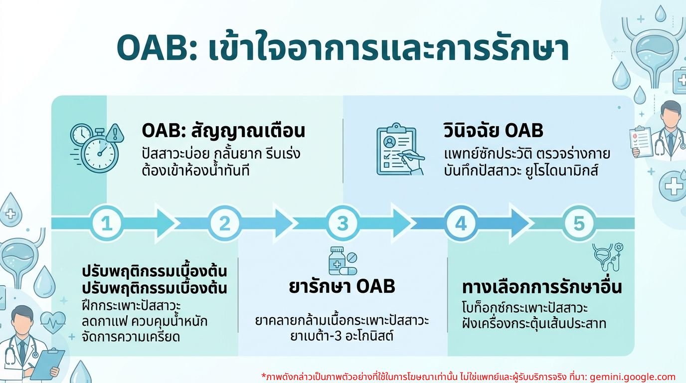 ภาพ Infographic แสดงอาการและการรักษาภาวะกระเพาะปัสสาวะบีบตัวไวเกิน (OAB)