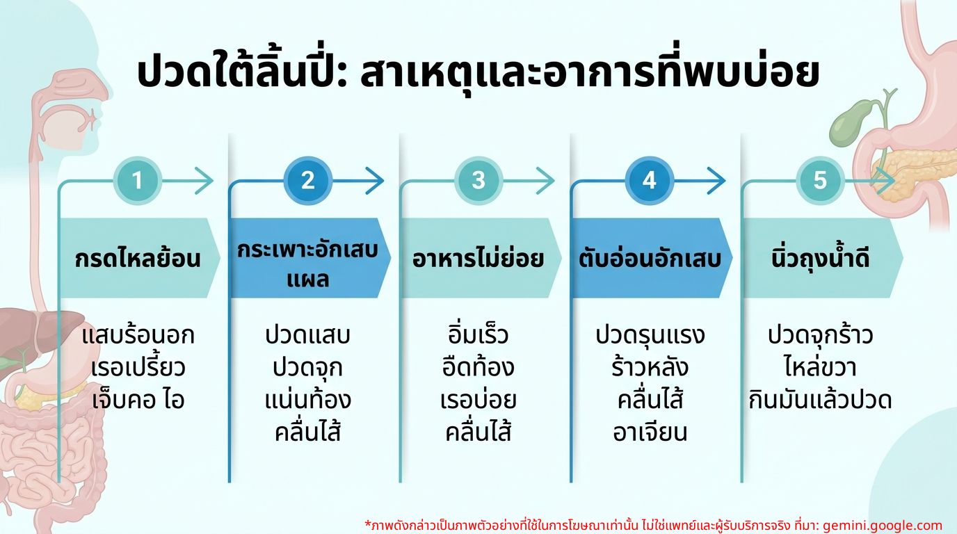 แผนภูมิแสดงสาเหตุและอาการปวดท้องใต้ลิ้นปี่ที่พบบ่อย