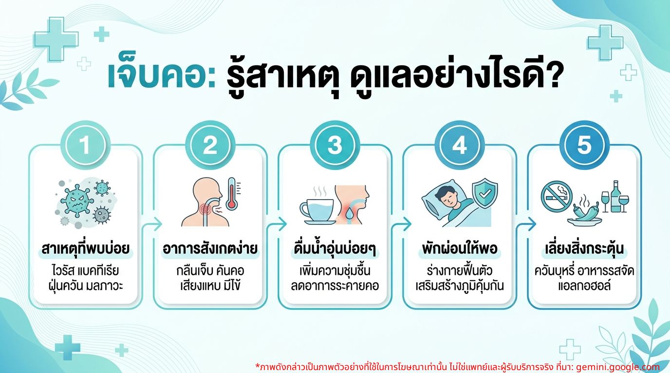 Infographic สรุปสาเหตุของอาการเจ็บคอและวิธีการดูแลเบื้องต้น