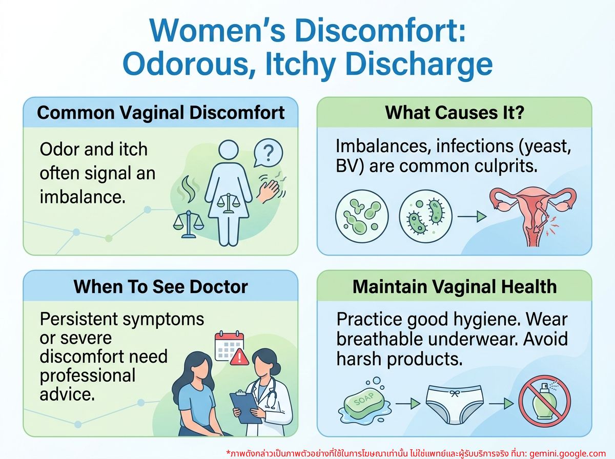Woman feeling uncomfortable due to vaginal discharge with odor and itching