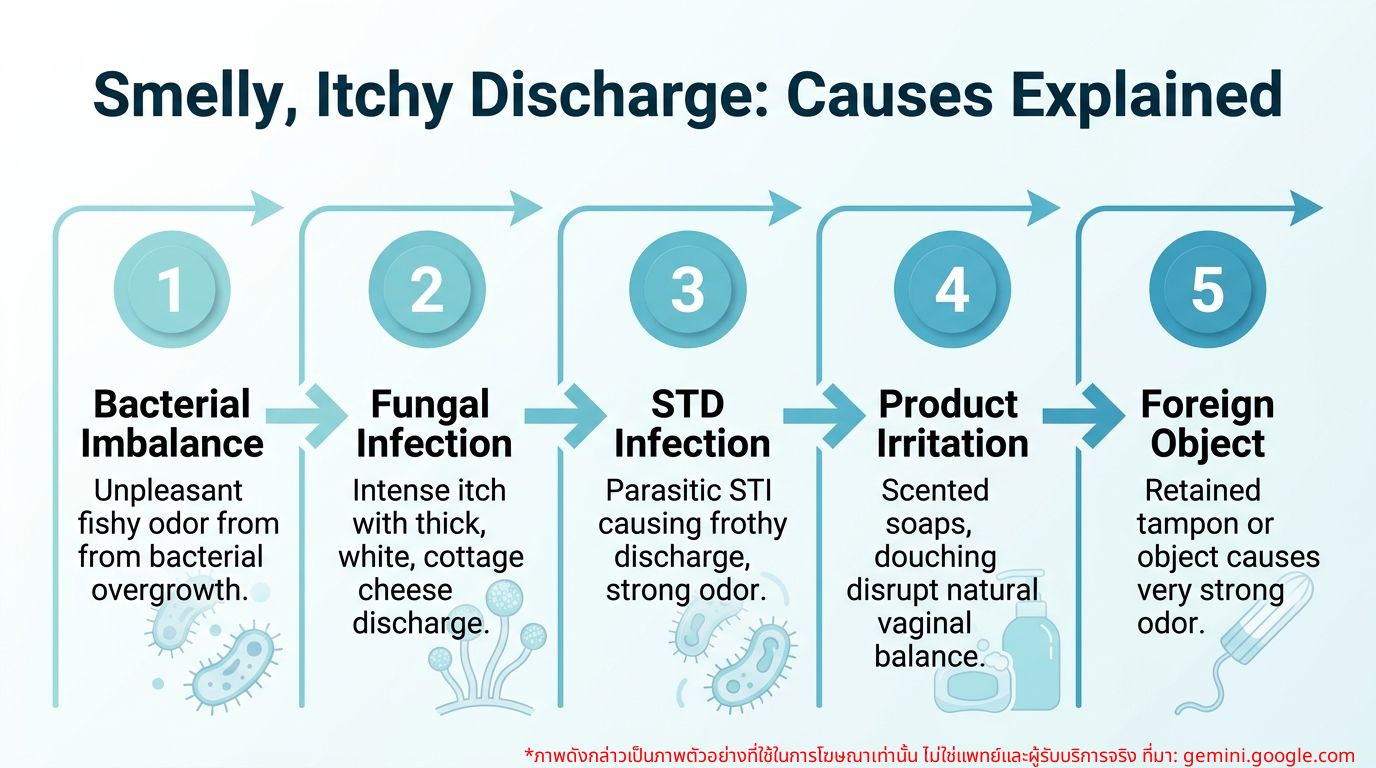 Infographic showing causes of vaginal discharge with odor and itching
