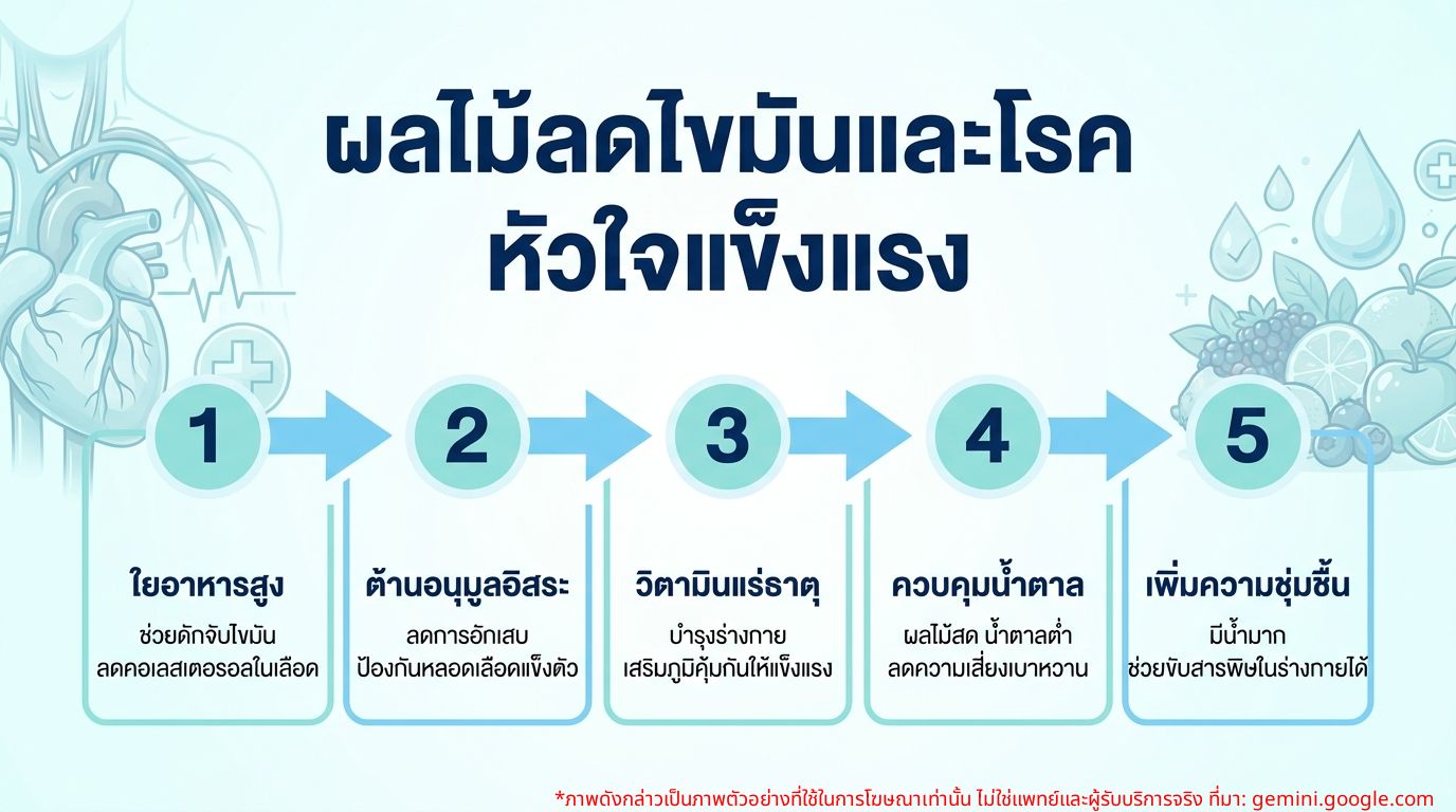 อินโฟกราฟิกผลไม้ช่วยลดไขมันในเลือดและประโยชน์อื่นๆ