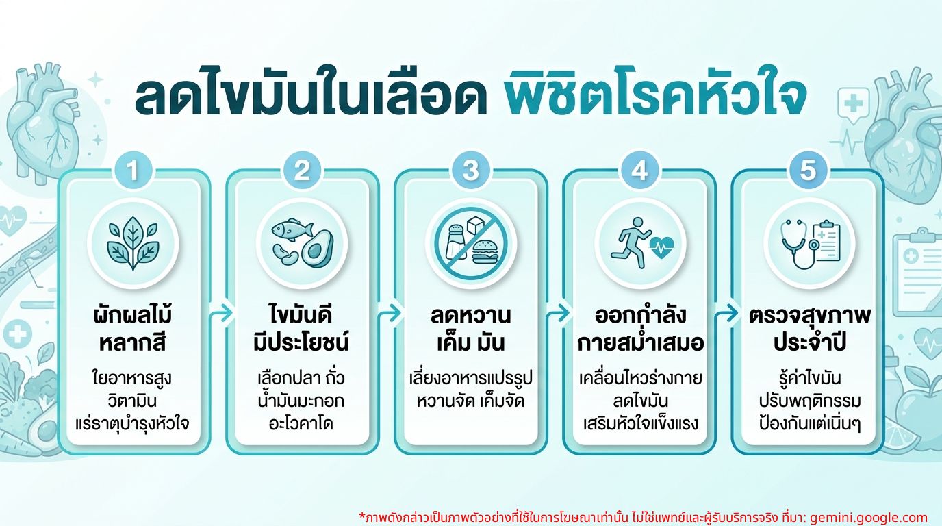 อินโฟกราฟิกแนะนำอาหารช่วยลดไขมันในเลือดและวิธีป้องกันโรคหัวใจ