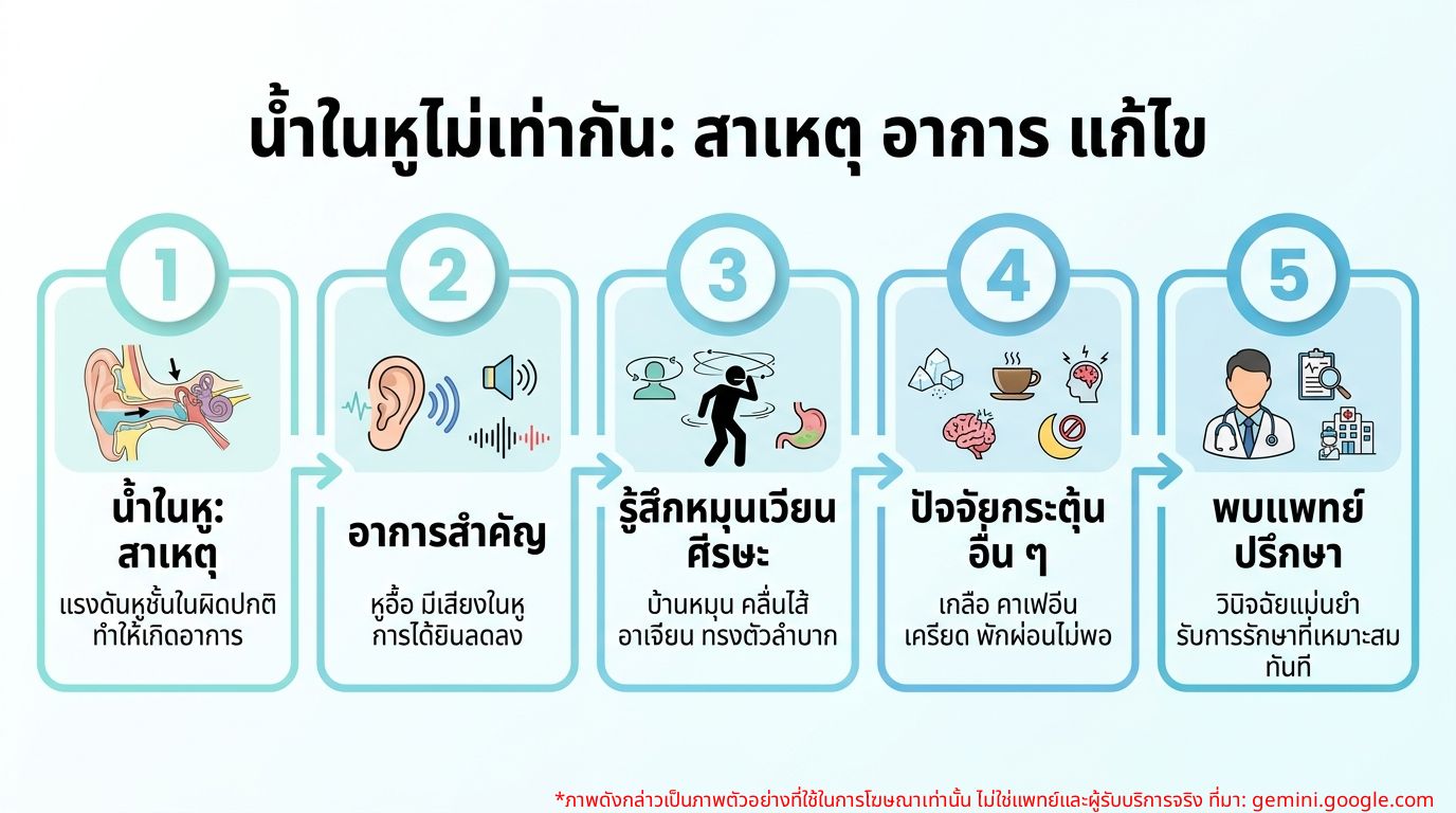 ภาพอินโฟกราฟิกแสดงอาการและสาเหตุของน้ำในหูไม่เท่ากัน