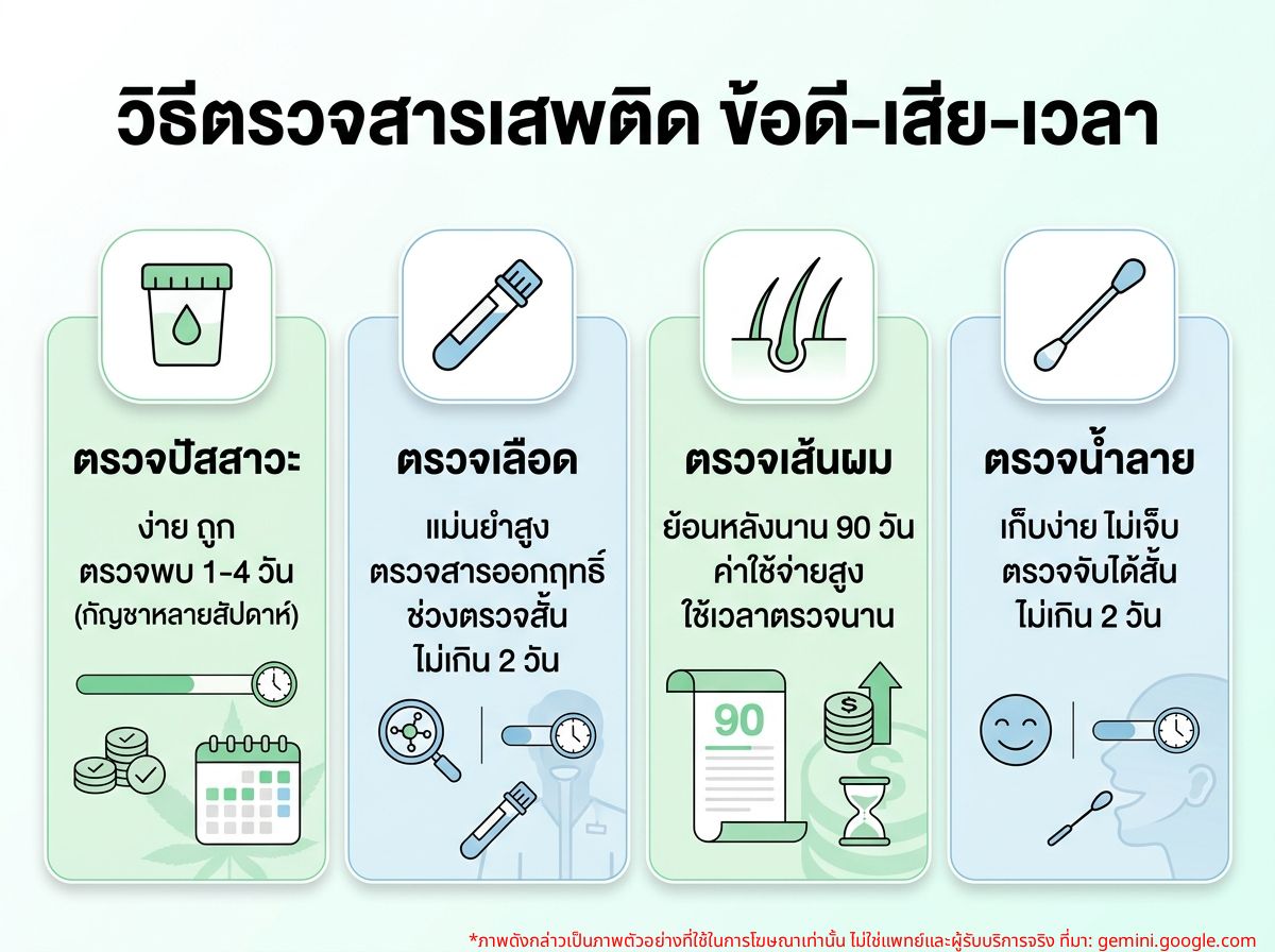 ข้อดีข้อเสียและช่วงเวลาการตรวจจับของแต่ละวิธีตรวจสารเสพติด