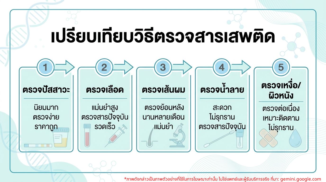 Infographic เปรียบเทียบวิธีการตรวจสารเสพติดแต่ละชนิด