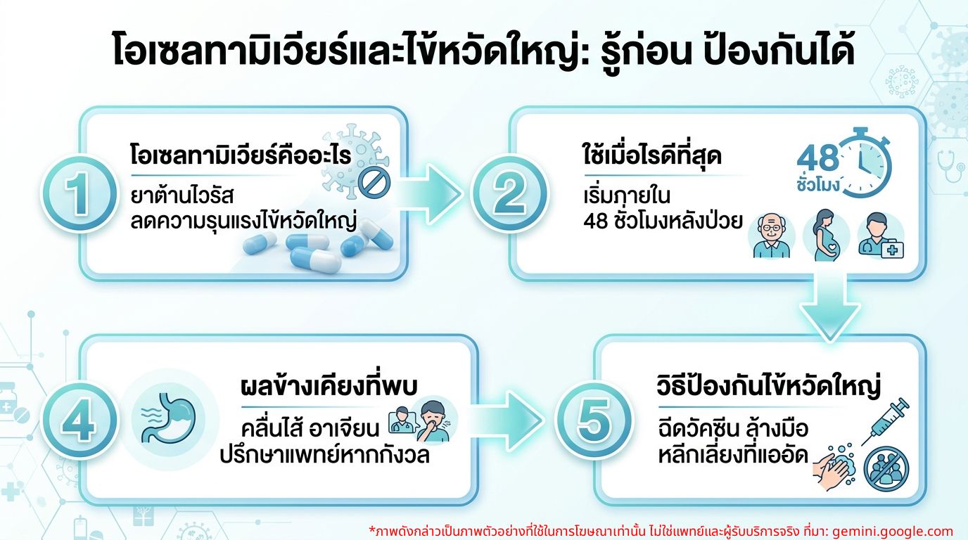Infographic แสดงข้อมูลสำคัญเกี่ยวกับการใช้ยา Oseltamivir และการป้องกันไข้หวัดใหญ่