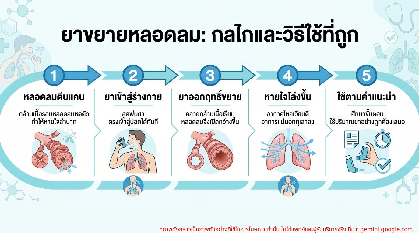 อินโฟกราฟิกแสดงกลไกการทำงานของยาขยายหลอดลมและขั้นตอนการใช้งานที่ถูกต้อง