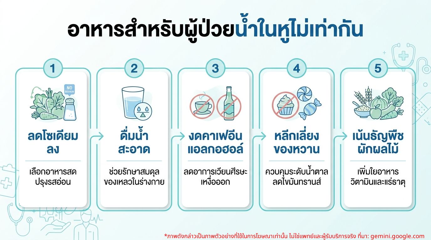 อินโฟกราฟิกอาหารที่ควรทานและควรเลี่ยงสำหรับผู้ป่วยน้ำในหูไม่เท่ากัน