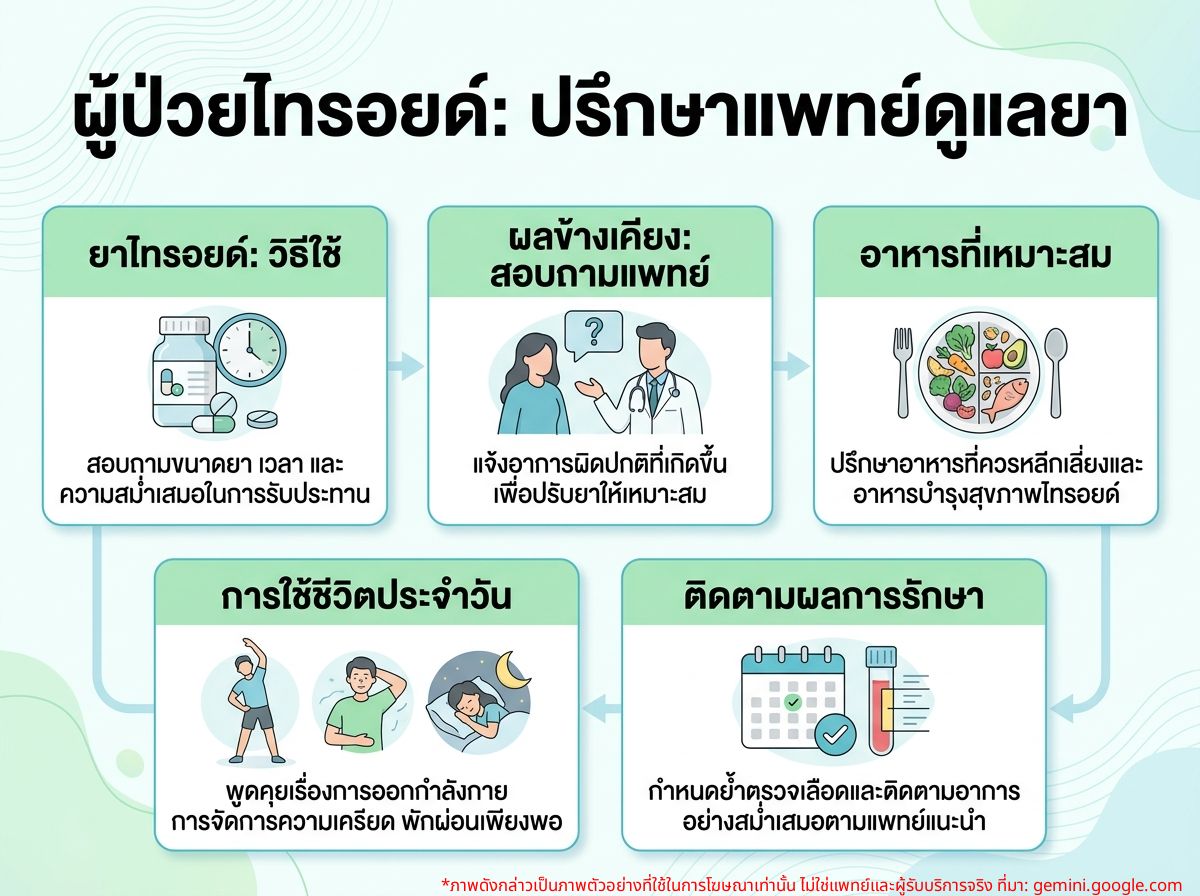 ผู้ป่วยไทรอยด์กำลังปรึกษาแพทย์เกี่ยวกับการดูแลตัวเองและยา