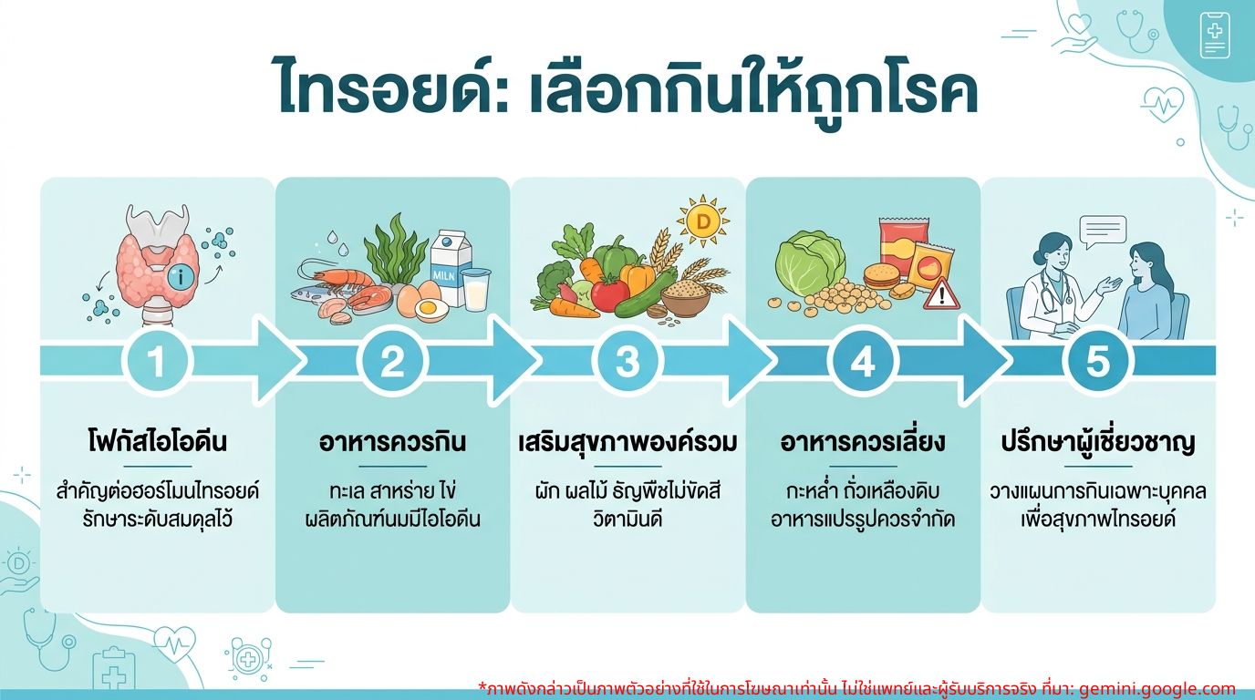 อินโฟกราฟิกแสดงอาหารที่ควรและไม่ควรทานสำหรับผู้ป่วยไทรอยด์