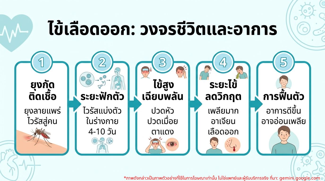 อินโฟกราฟิกวงจรชีวิตและอาการของไข้เลือดออก