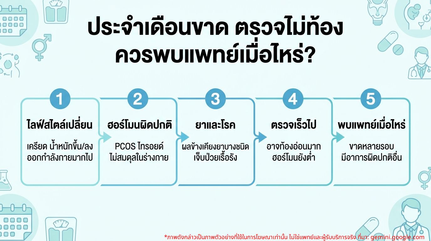 อินโฟกราฟิกแสดงสาเหตุที่ประจำเดือนขาดแต่ตรวจไม่ท้องและควรพบแพทย์เมื่อไหร่