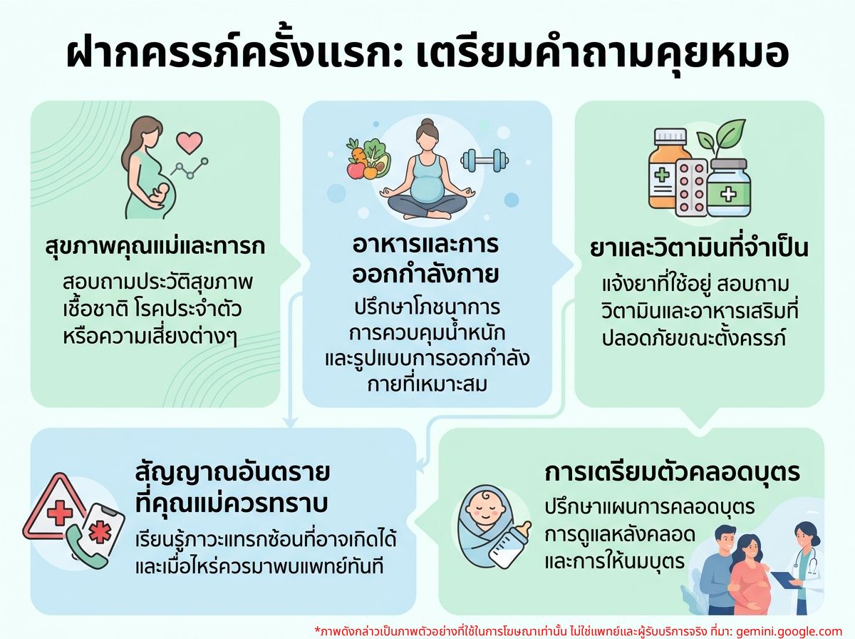 คุณแม่ตั้งครรภ์พูดคุยกับคุณหมอในการฝากครรภ์ครั้งแรกเพื่อขอคำแนะนำ