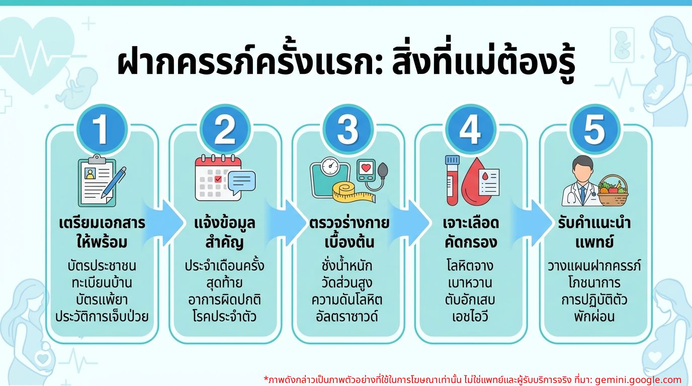 Infographic แสดงขั้นตอนและสิ่งที่ต้องเตรียมสำหรับการฝากครรภ์ครั้งแรก