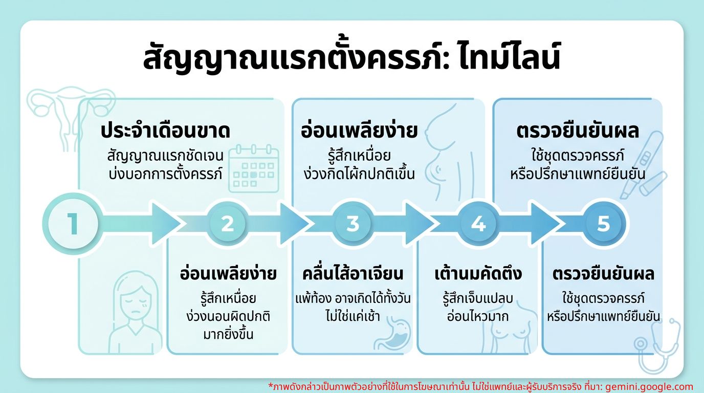 อินโฟกราฟิกแสดงอาการเริ่มต้นของการตั้งครรภ์และไทม์ไลน์