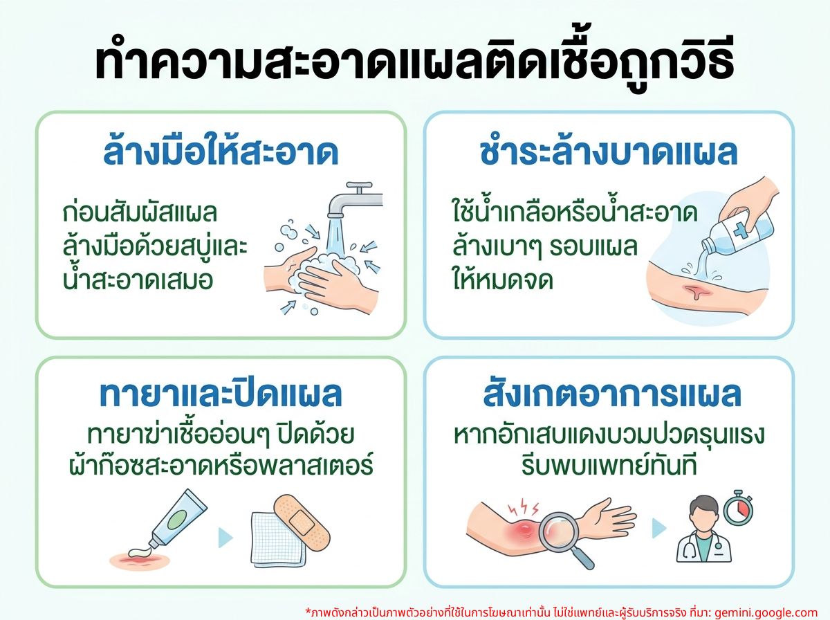 หญิงสาวกำลังทำความสะอาดแผลติดเชื้อที่ผิวหนัง