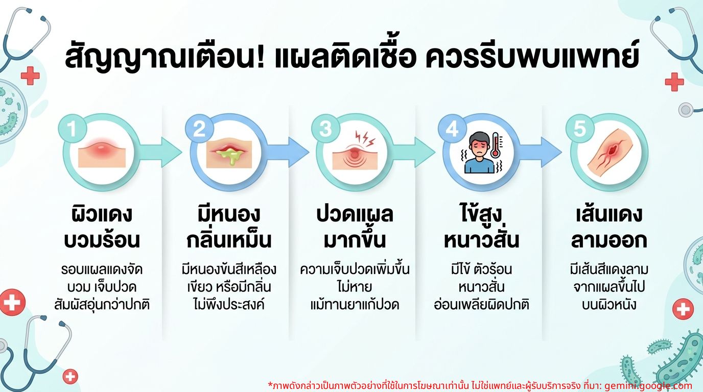 อินโฟกราฟิกแสดงสัญญาณอันตรายของแผลติดเชื้อที่ควรรีบพบแพทย์