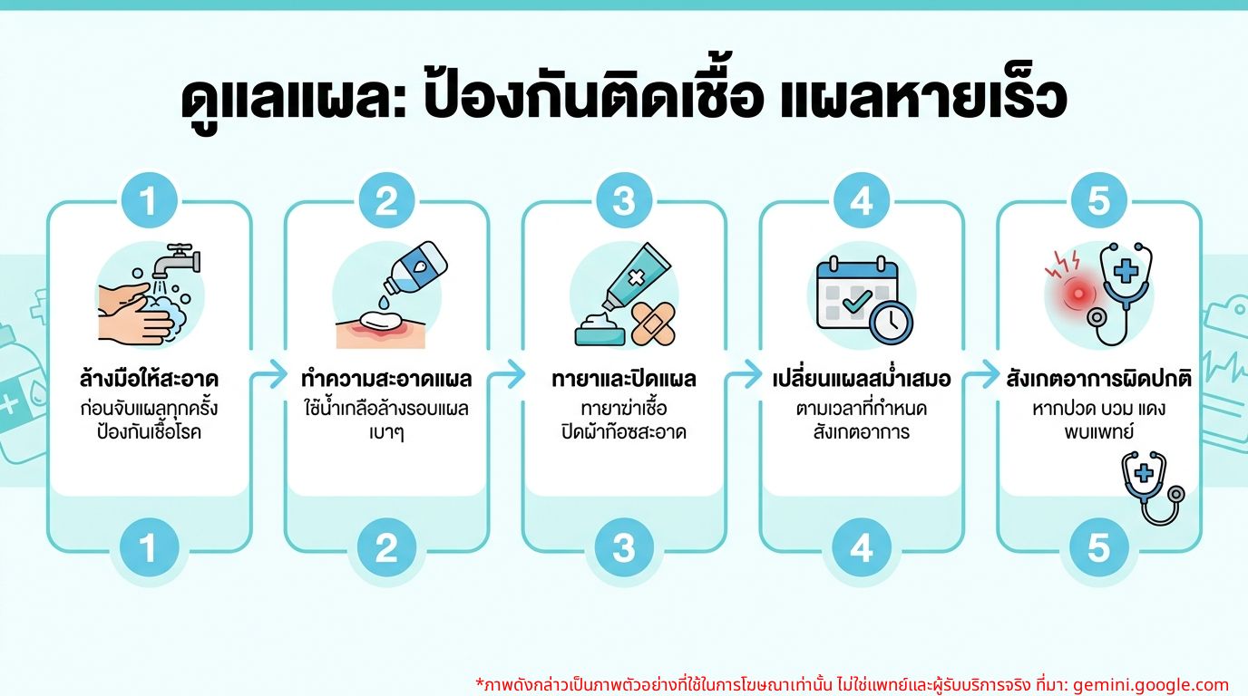 อินโฟกราฟิก: ขั้นตอนการดูแลแผลเพื่อป้องกันการติดเชื้อและส่งเสริมการหายของแผล