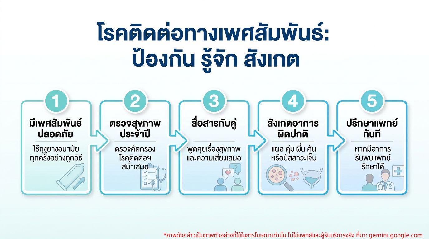 อินโฟกราฟิกแสดงวิธีการป้องกันโรคติดต่อทางเพศสัมพันธ์และอาการที่พบบ่อย