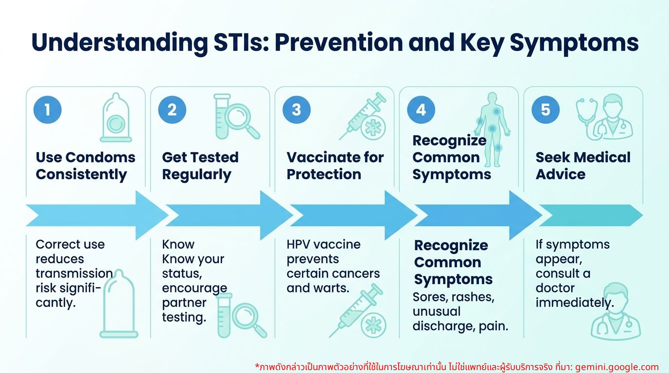 Infographic showing methods of preventing sexually transmitted infections and common symptoms.