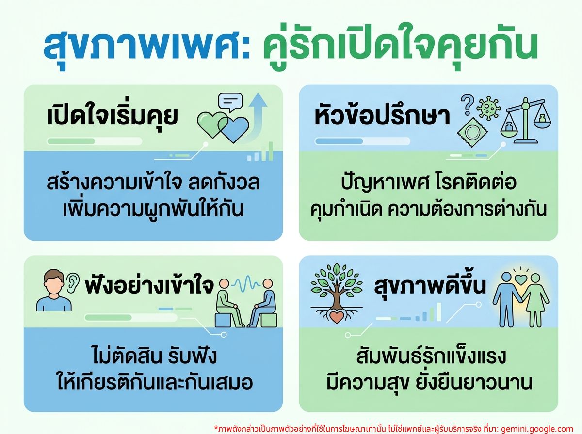စုံတွဲတစ်တွဲသည် လိင်ကျန်းမာရေးနှင့်ပတ်သက်၍ ပွင့်ပွင့်လင်းလင်း ဆွေးနွေးနေကြသည်