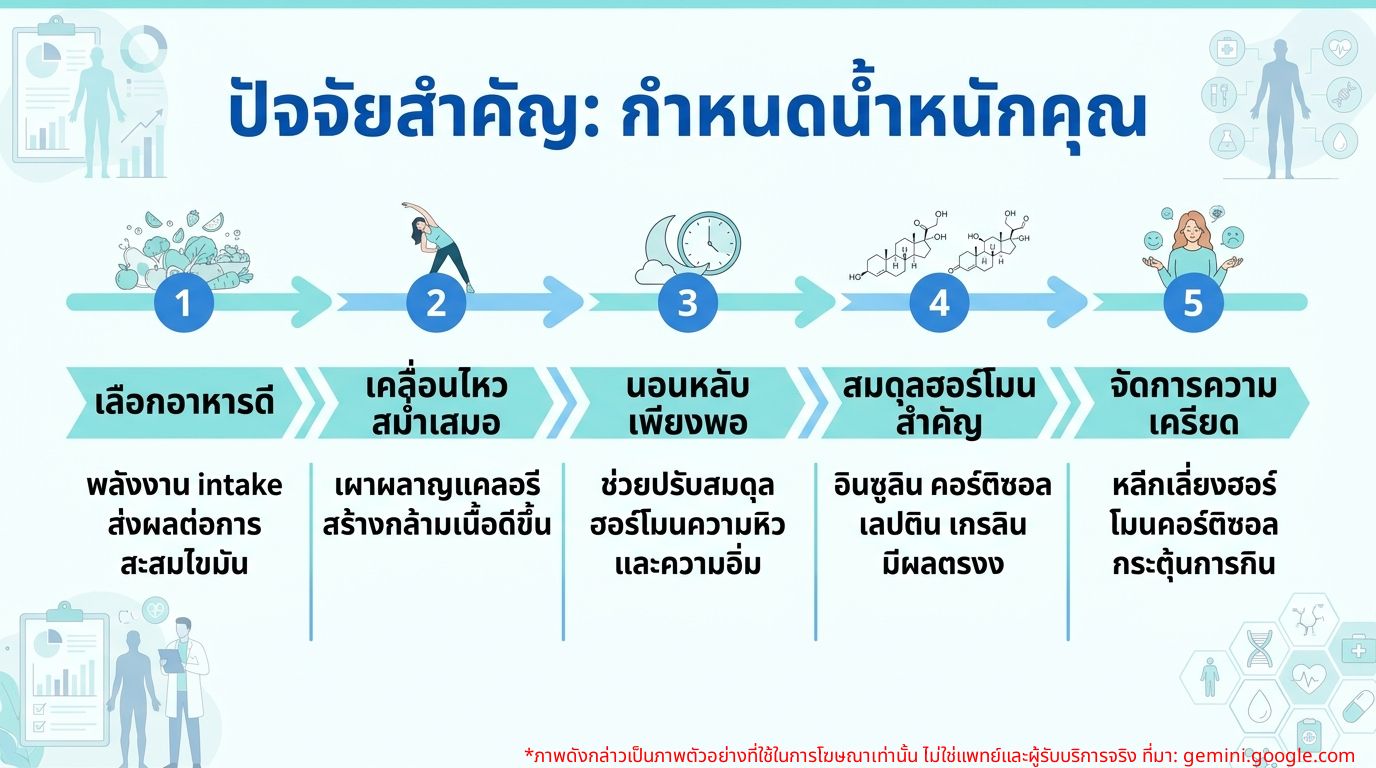 ภาพอินโฟกราฟิกแสดงปัจจัยที่มีผลต่อน้ำหนัก เช่น อาหาร การออกกำลังกาย การนอนหลับ และฮอร์โมน