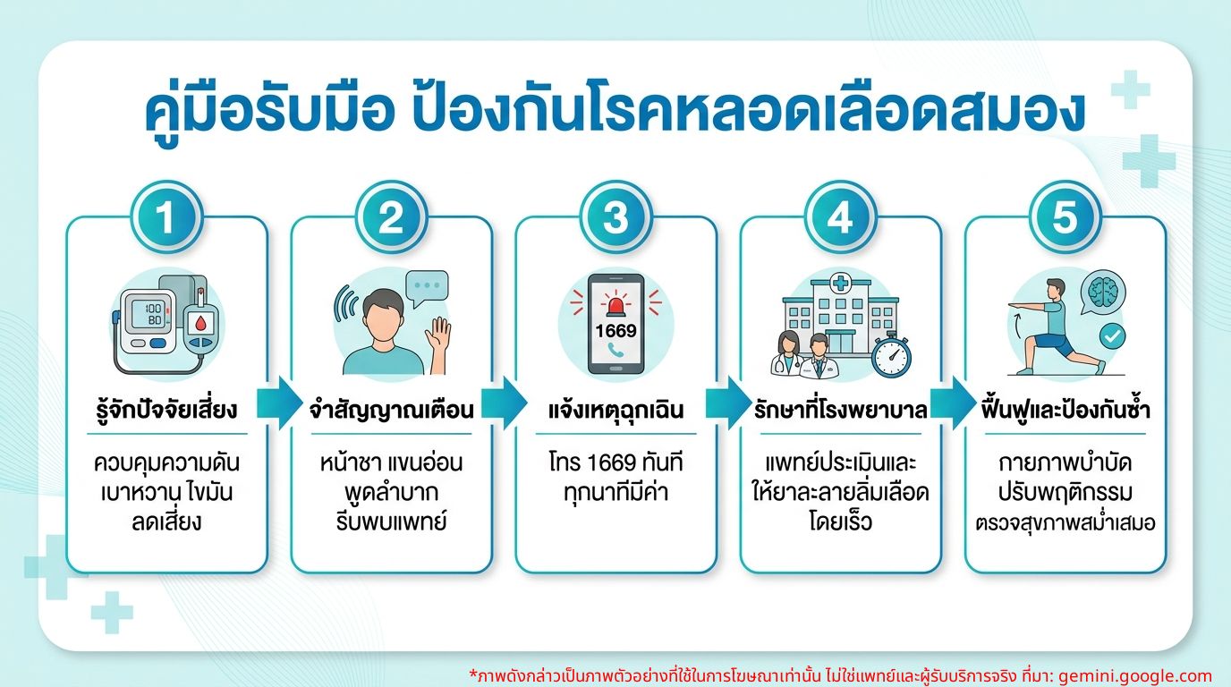 แผนภาพแสดงขั้นตอนการรับมือและป้องกันโรคหลอดเลือดสมอง
