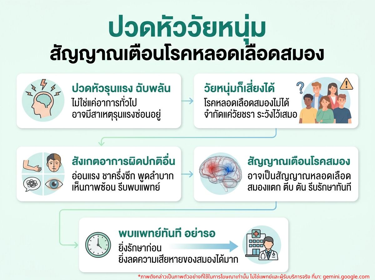 ผู้ชายอายุน้อยกำลังจับศีรษะแสดงอาการปวดหัวซึ่งอาจเป็นสัญญาณเตือนของโรคหลอดเลือดสมอง