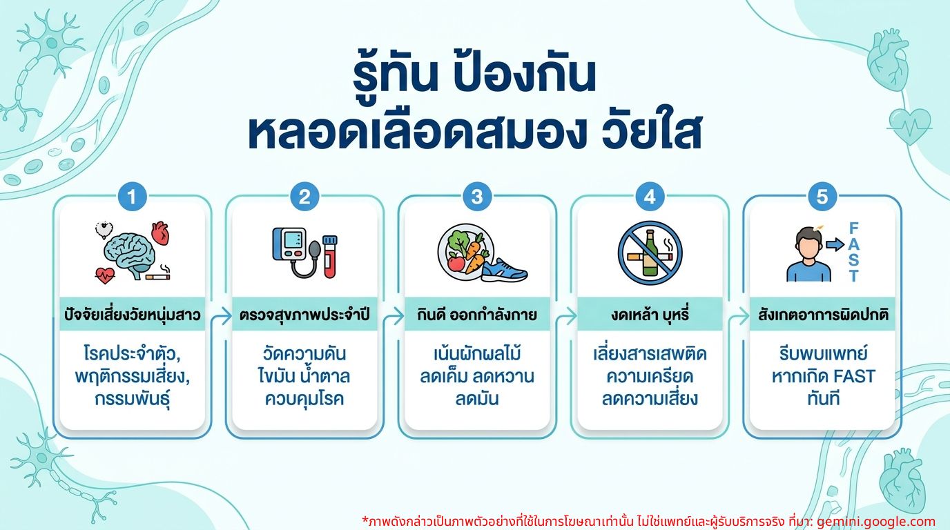 อินโฟกราฟิกแสดงปัจจัยเสี่ยงและวิธีป้องกันโรคหลอดเลือดสมองในคนอายุน้อย
