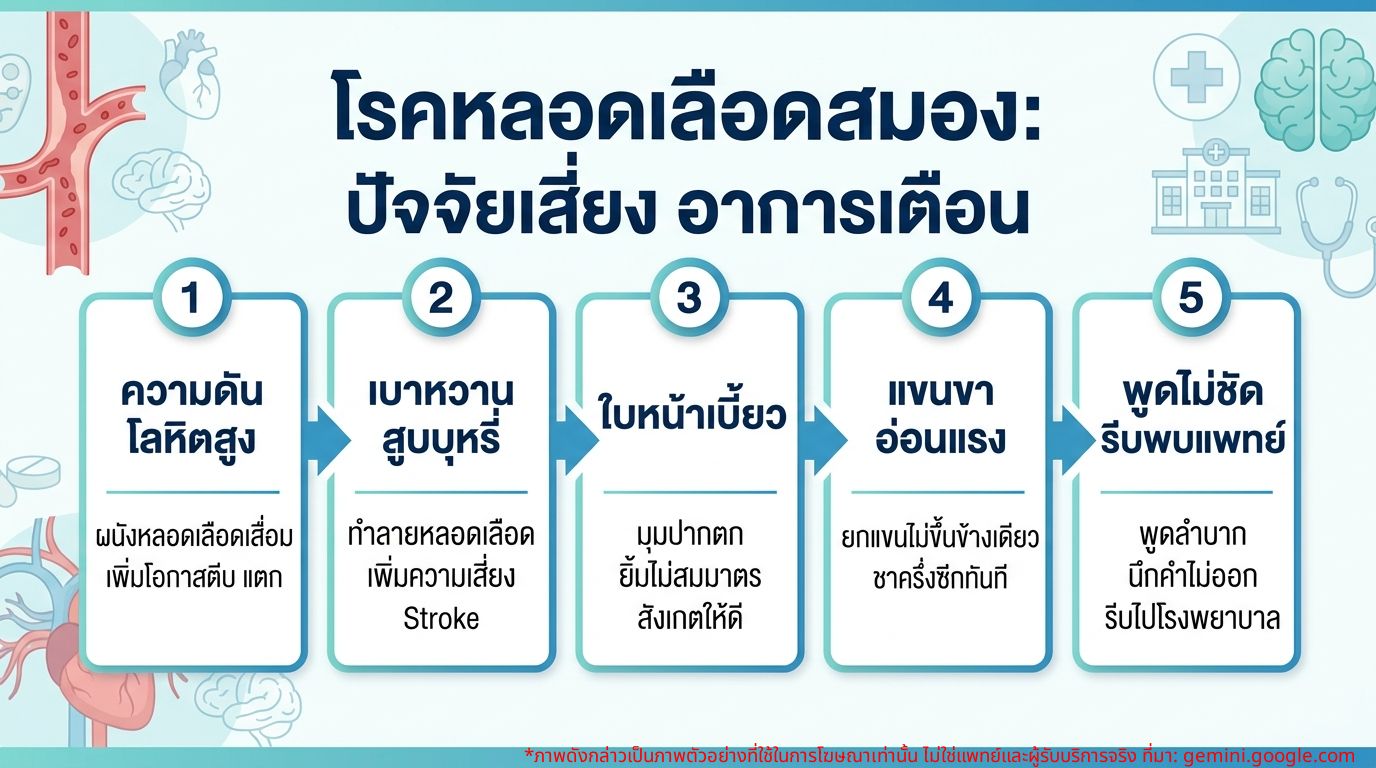 อินโฟกราฟิกแสดงปัจจัยเสี่ยงและอาการเตือนของโรคหลอดเลือดสมอง (Stroke) เช่น ความดันโลหิตสูง เบาหวาน การสูบบุหรี่ พร้อมภาพประกอบของใบหน้าเบี้ยว แขนอ่อนแรง และพูดไม่ชัด