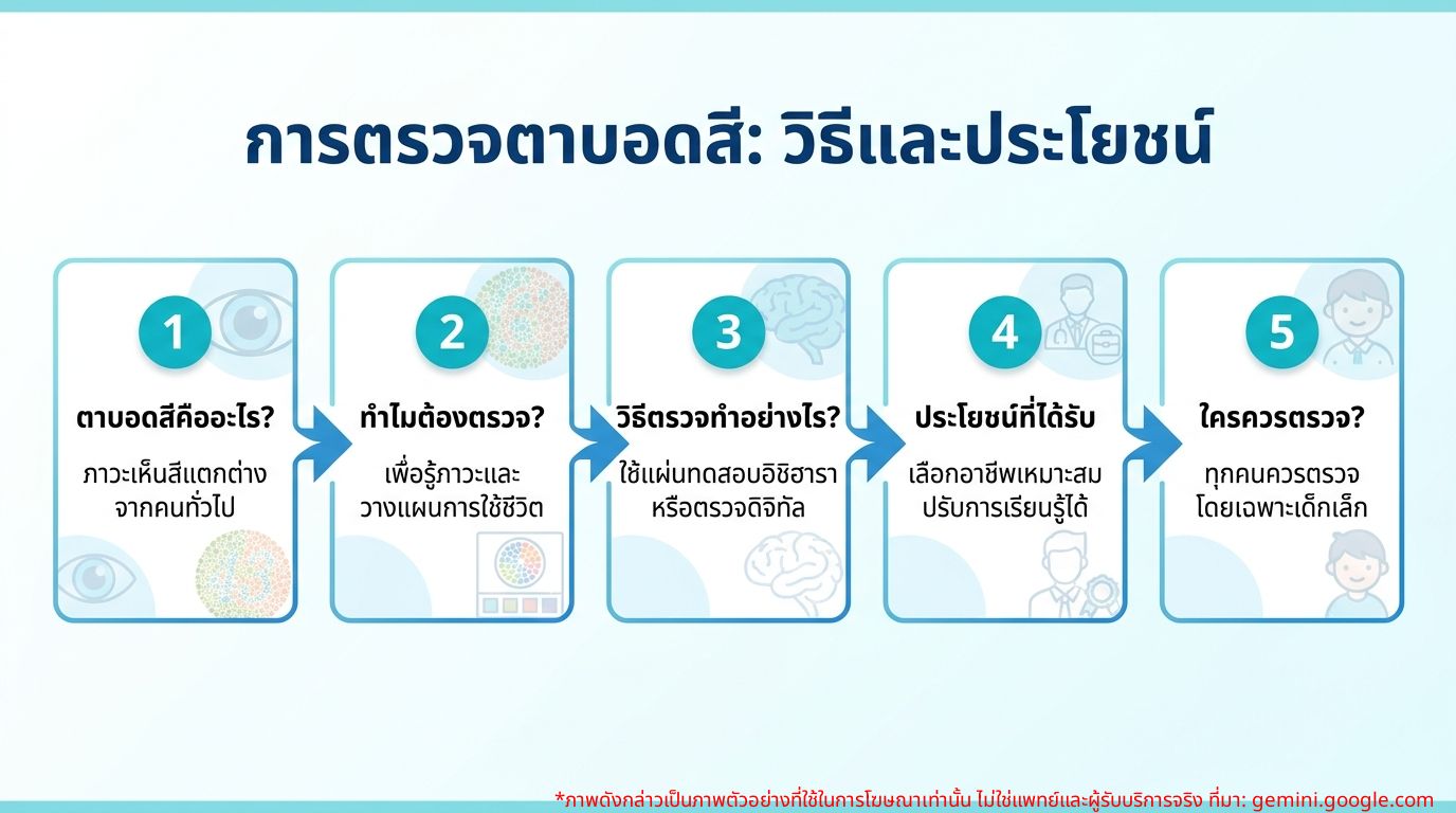 อินโฟกราฟิกแสดงวิธีการและประโยชน์ของการตรวจตาบอดสี