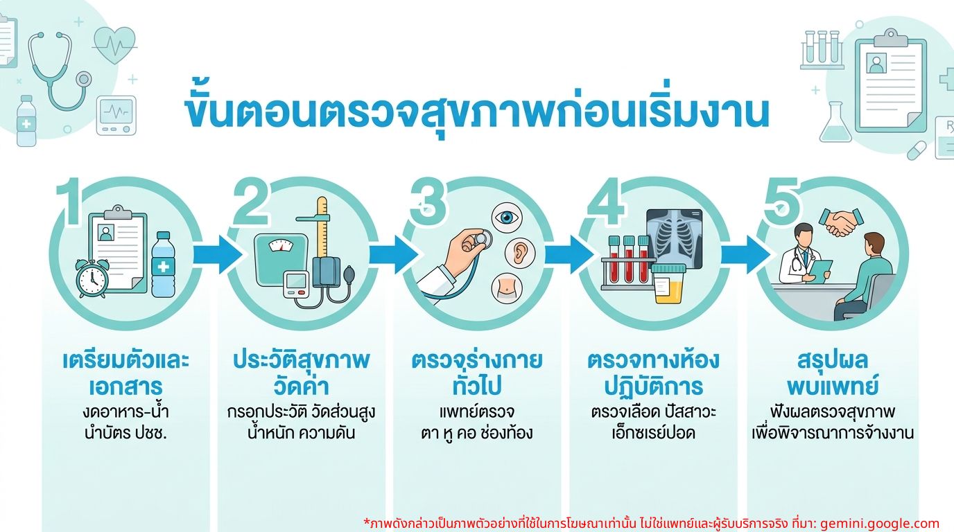 อินโฟกราฟิกแสดงขั้นตอนและรายการตรวจสุขภาพก่อนเริ่มงาน