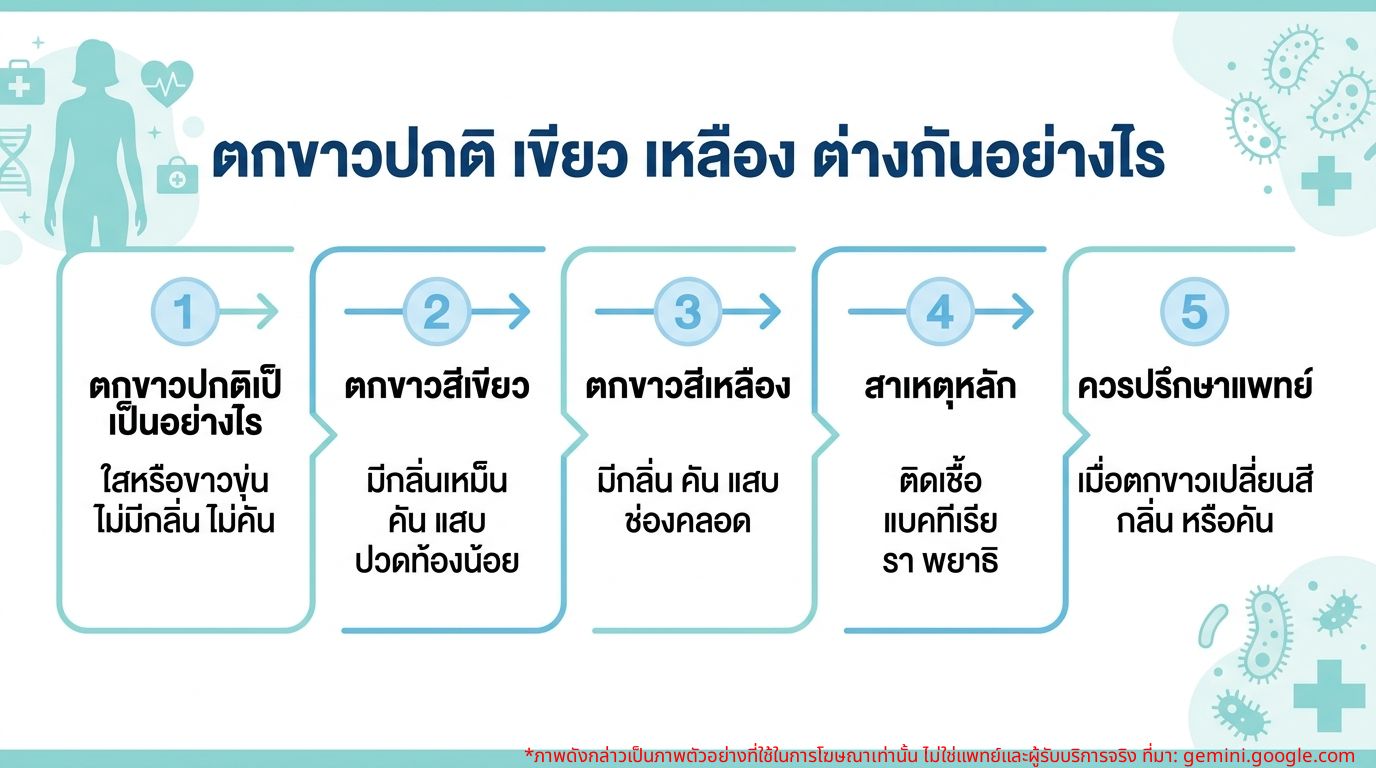 อินโฟกราฟิกแสดงความแตกต่างของตกขาวปกติ ตกขาวสีเขียว และตกขาวสีเหลือง