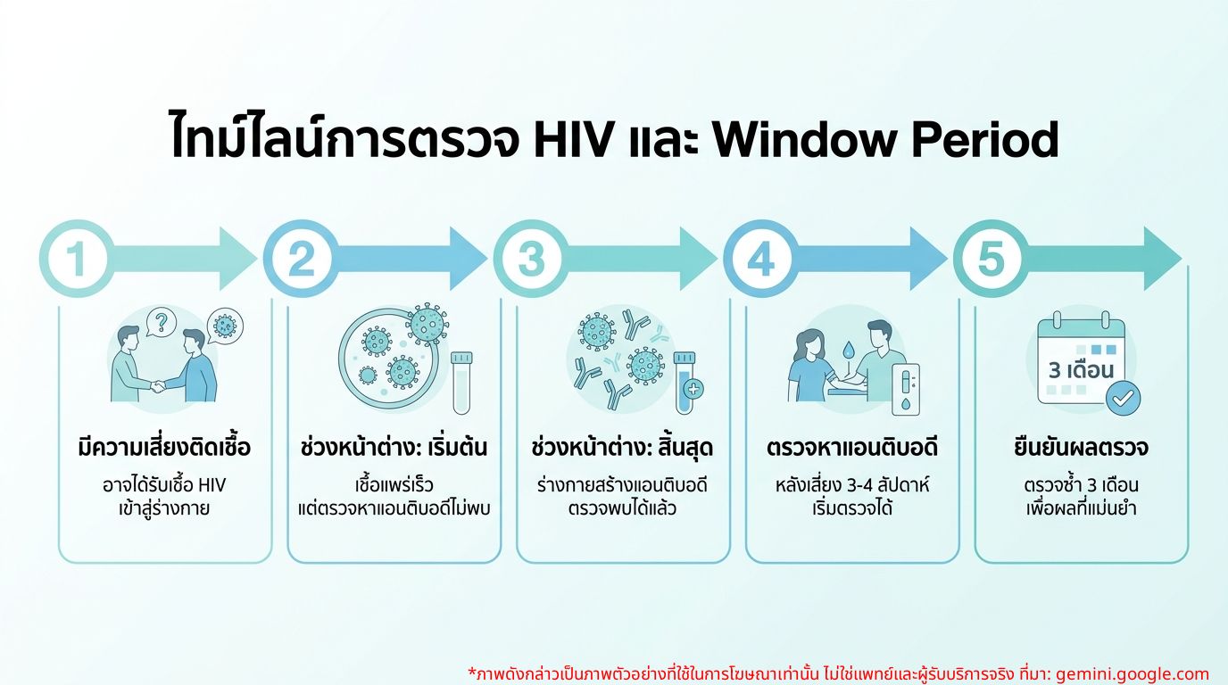 อินโฟกราฟิกแสดงไทม์ไลน์การตรวจ HIV และ Window Period
