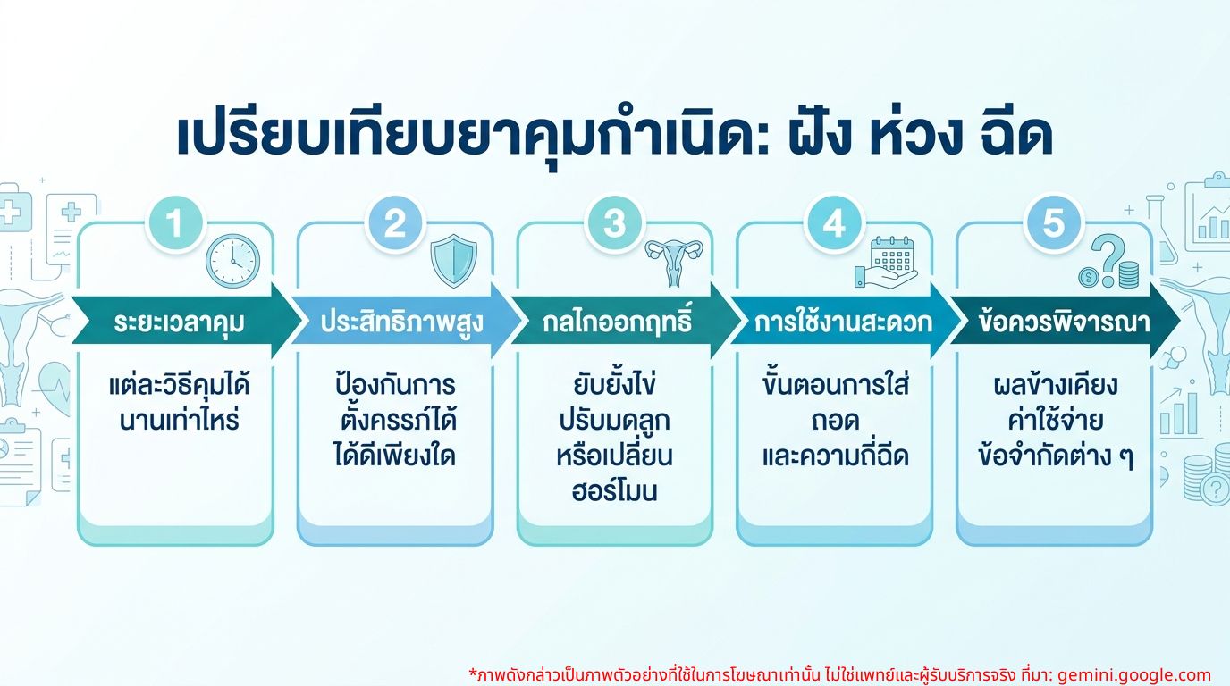ภาพอินโฟกราฟิกเปรียบเทียบยาฝังคุมกำเนิด ห่วงอนามัย และยาฉีดคุมกำเนิด