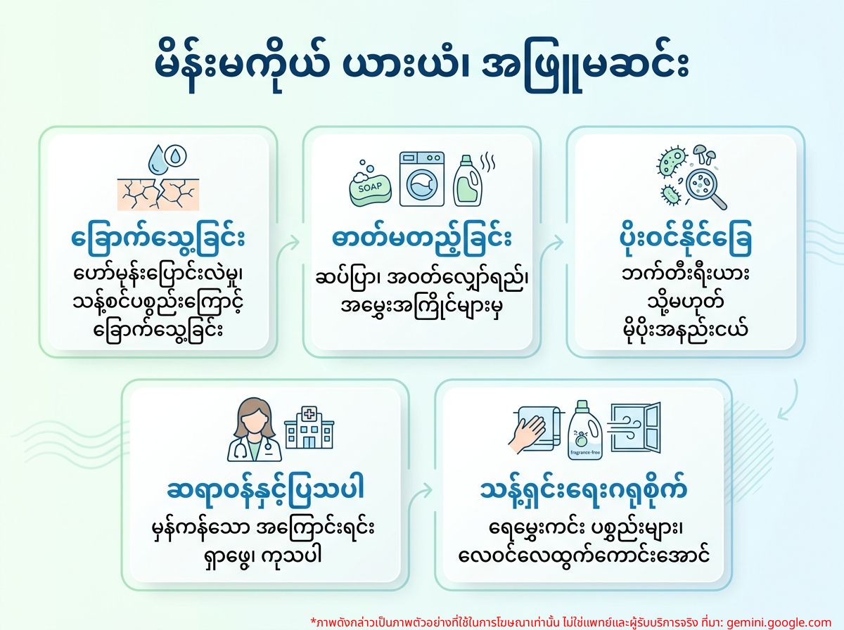 အဖြူဆင်းခြင်းမရှိဘဲ ယားယံနေသော မိန်းမကိုယ်ကို စစ်ဆေးနေသည့် အမျိုးသမီး