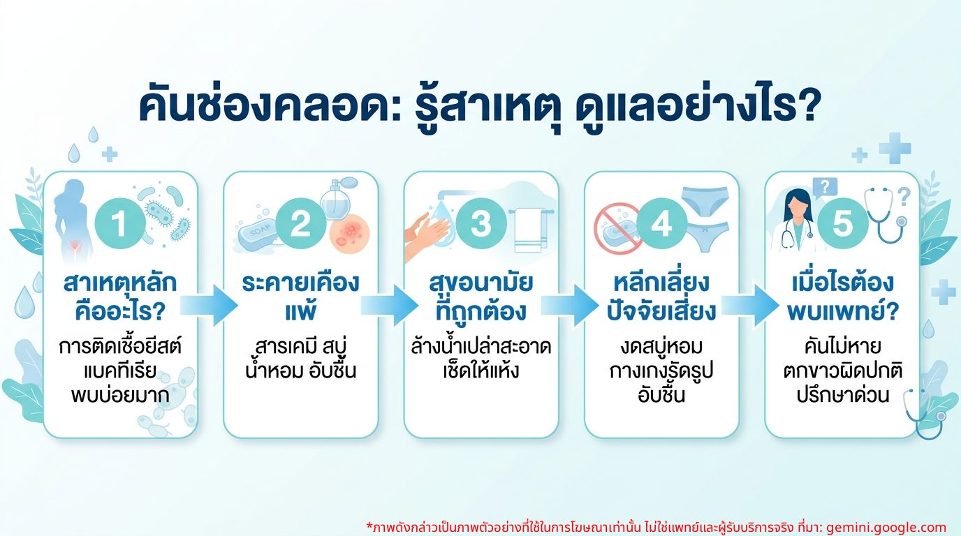 อินโฟกราฟิกแสดงสาเหตุและวิธีดูแลอาการคันช่องคลอดในผู้หญิง