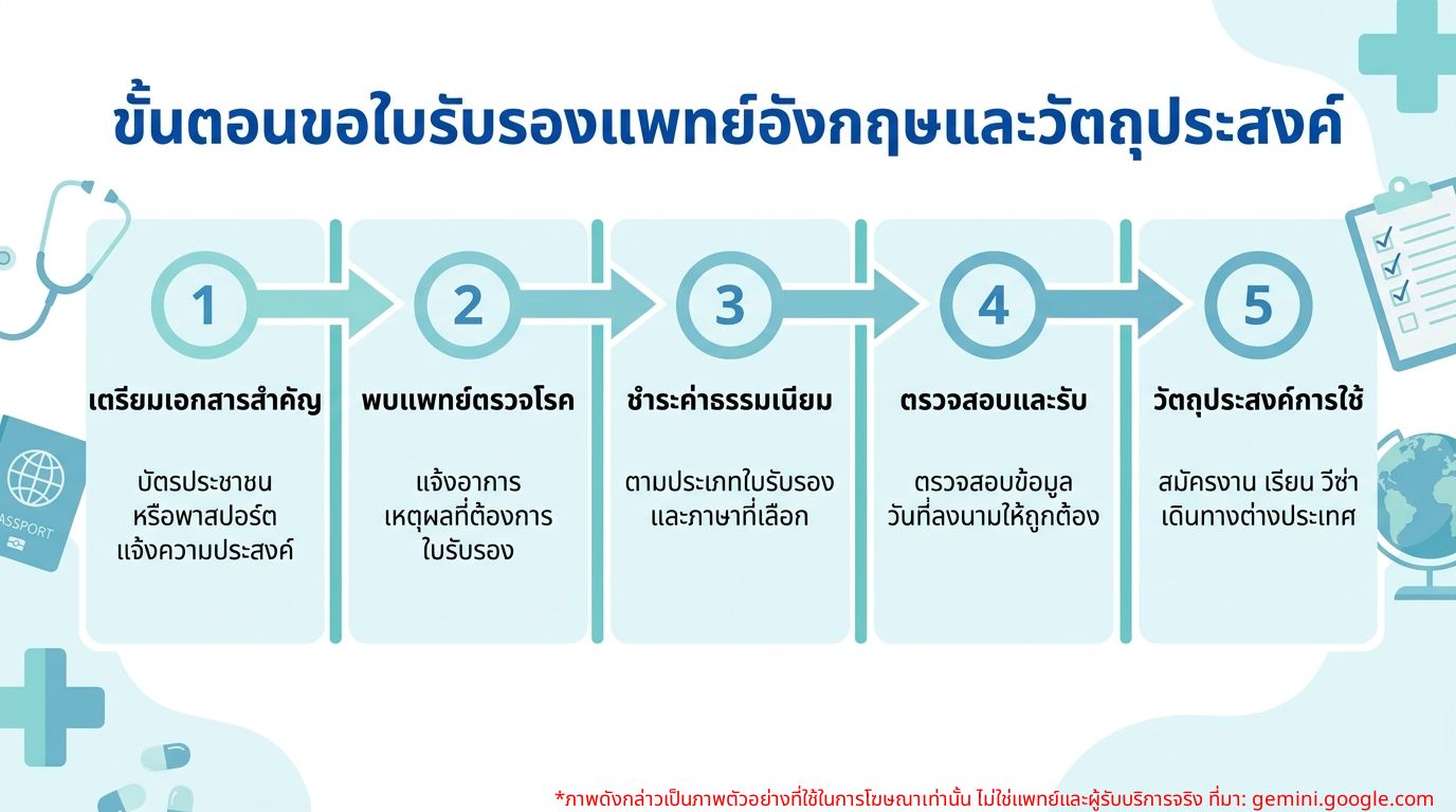 Infographic แผนภาพขั้นตอนการขอใบรับรองแพทย์ภาษาอังกฤษและวัตถุประสงค์