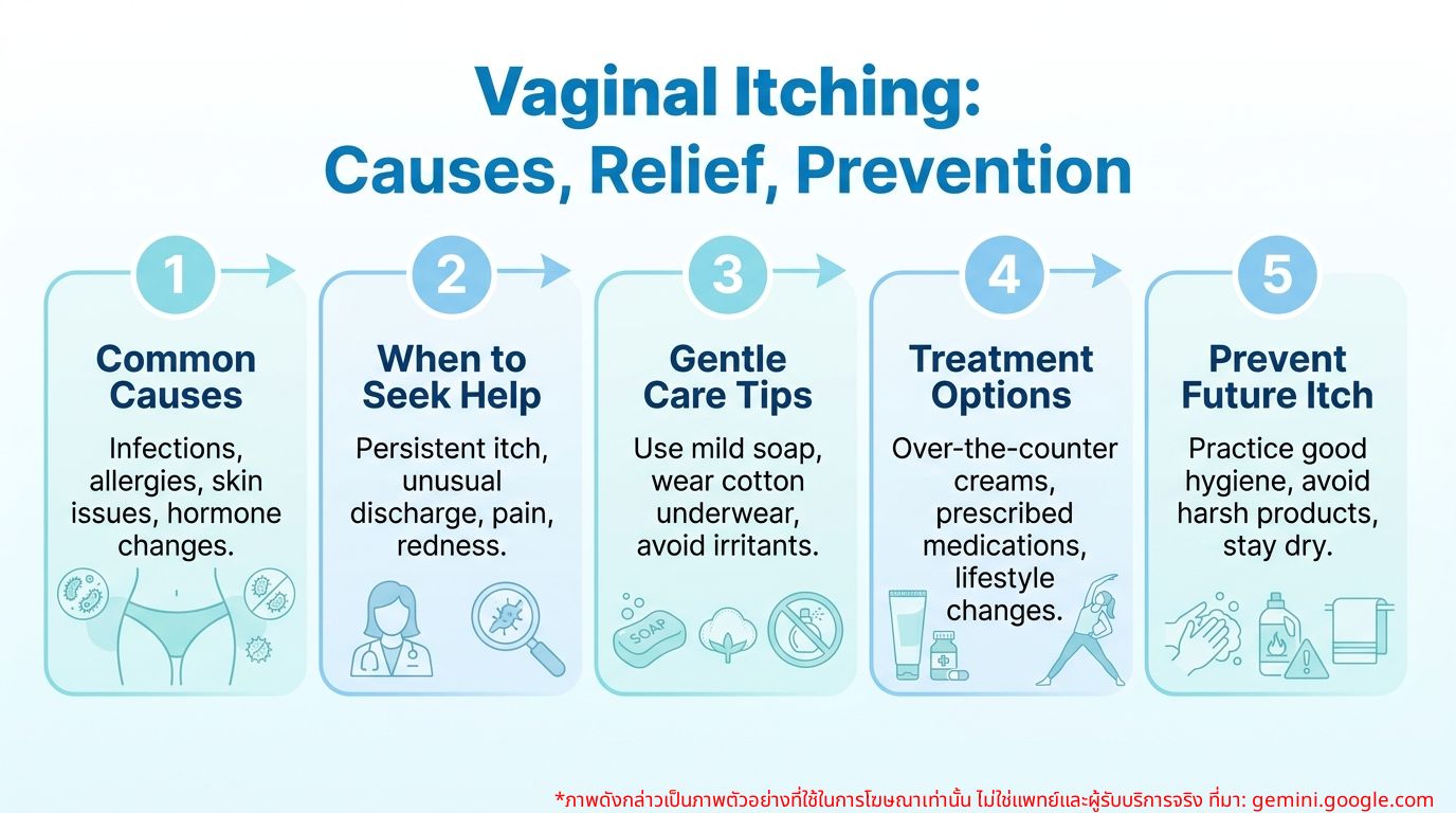 Infographic showing causes and care methods for vaginal itching in women