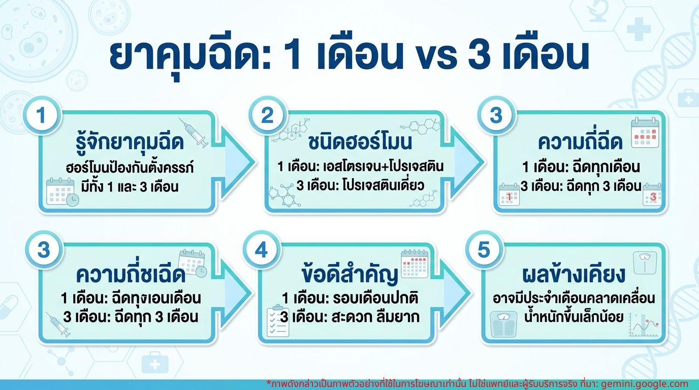 อินโฟกราฟิกเปรียบเทียบยาคุมฉีด 1 เดือนและ 3 เดือน