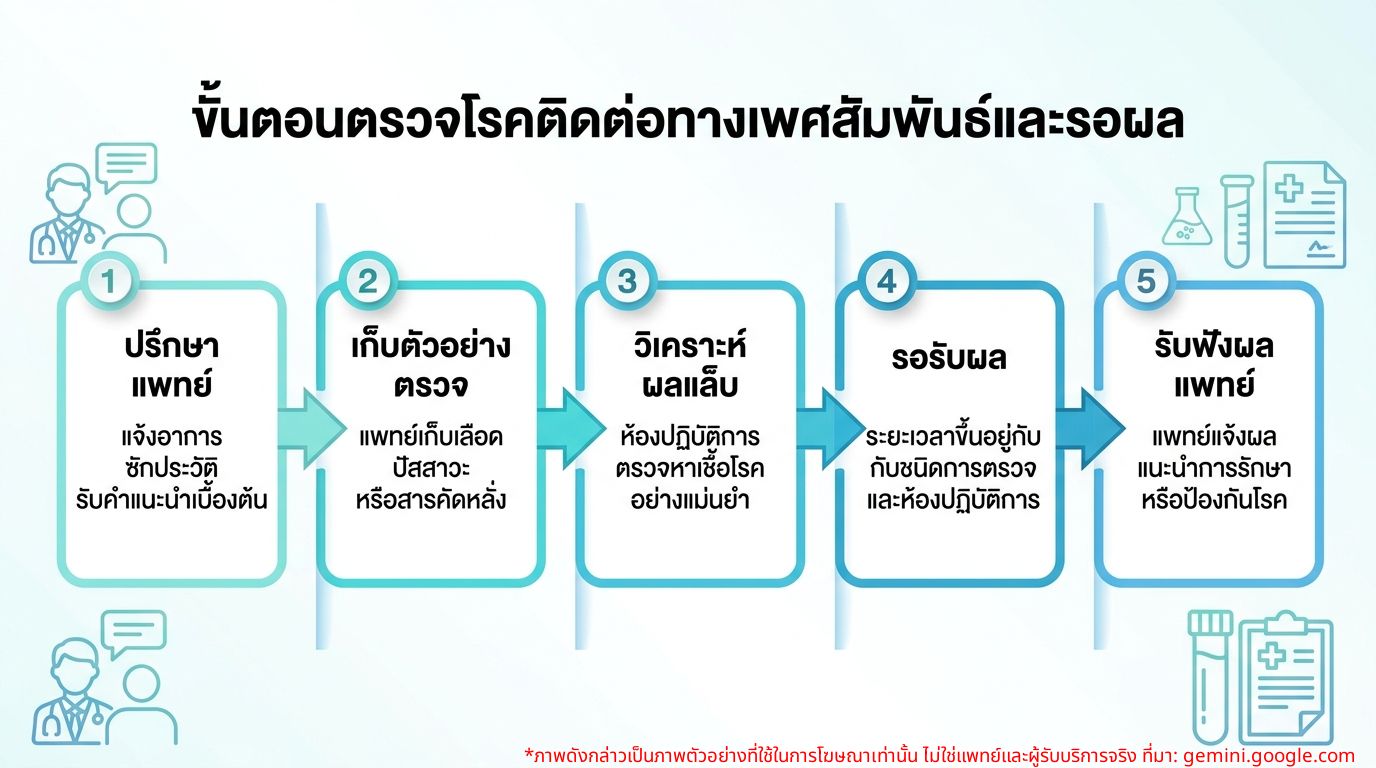 ภาพอินโฟกราฟิกแสดงขั้นตอนการตรวจโรคติดต่อทางเพศสัมพันธ์และการรอผล