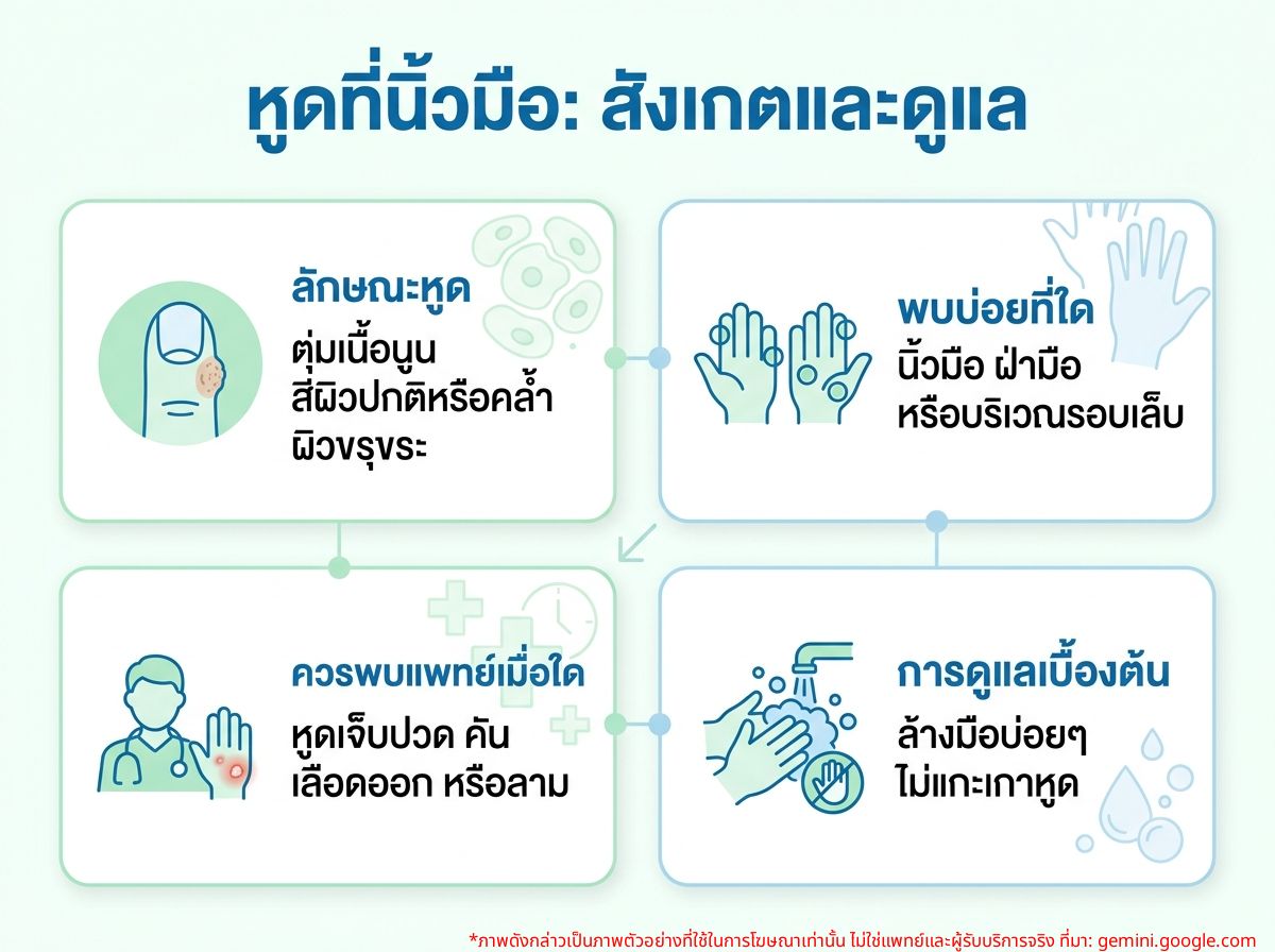 ผู้หญิงกำลังตรวจดูตุ่มหูดที่นิ้วมือ