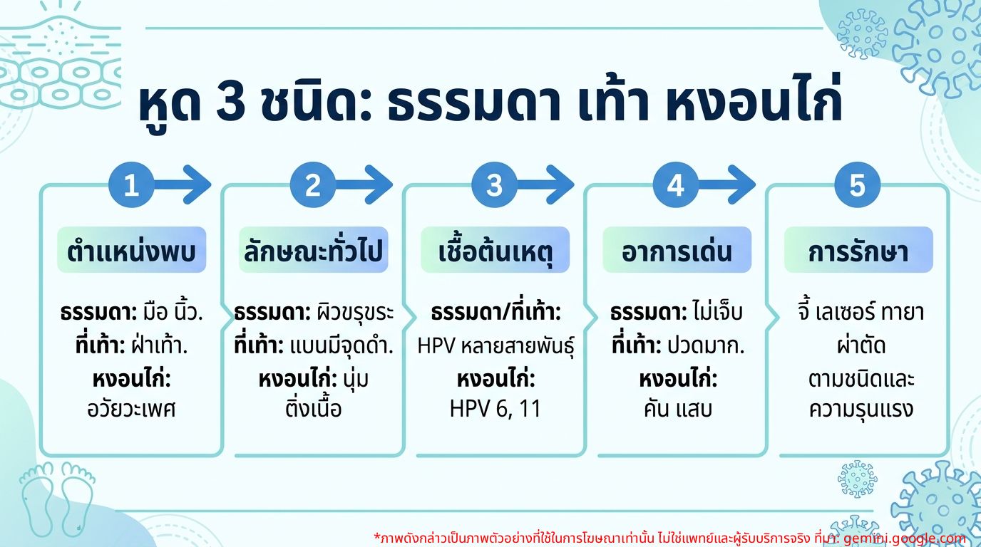อินโฟกราฟิกเปรียบเทียบหูดธรรมดา หูดที่เท้า และหูดหงอนไก่