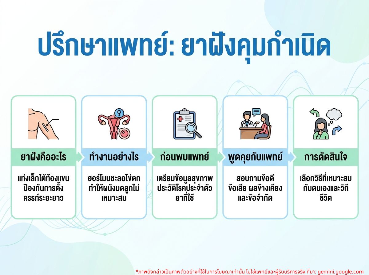 ผู้หญิงกำลังปรึกษาแพทย์เกี่ยวกับการฝังยาคุม